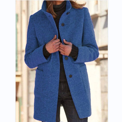 Fashion Stand Collar Woolen Coat With Pockets Fall Winter Casual Button Outwear For Women Clothing - ALL-IN-ONE GENSTORE & SERVICES