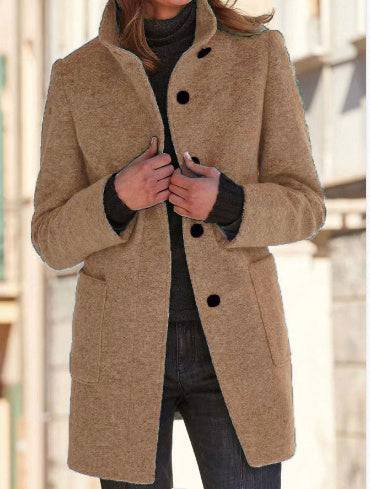 Fashion Stand Collar Woolen Coat With Pockets Fall Winter Casual Button Outwear For Women Clothing - ALL-IN-ONE GENSTORE & SERVICES