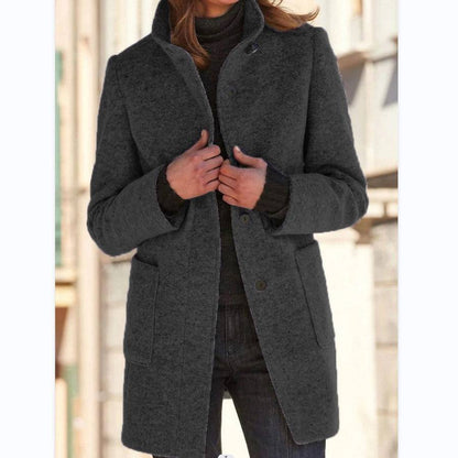 Fashion Stand Collar Woolen Coat With Pockets Fall Winter Casual Button Outwear For Women Clothing - ALL-IN-ONE GENSTORE & SERVICES