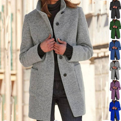 Fashion Stand Collar Woolen Coat With Pockets Fall Winter Casual Button Outwear For Women Clothing - ALL-IN-ONE GENSTORE & SERVICES
