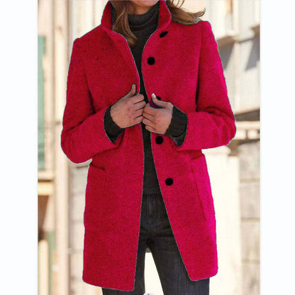 Fashion Stand Collar Woolen Coat With Pockets Fall Winter Casual Button Outwear For Women Clothing - ALL-IN-ONE GENSTORE & SERVICES