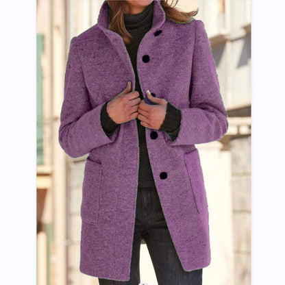 Fashion Stand Collar Woolen Coat With Pockets Fall Winter Casual Button Outwear For Women Clothing - ALL-IN-ONE GENSTORE & SERVICES