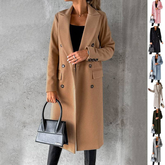 Manteau à revers à manches longues mode hiver solide double boutonnage mince longue veste vêtements pour femmes