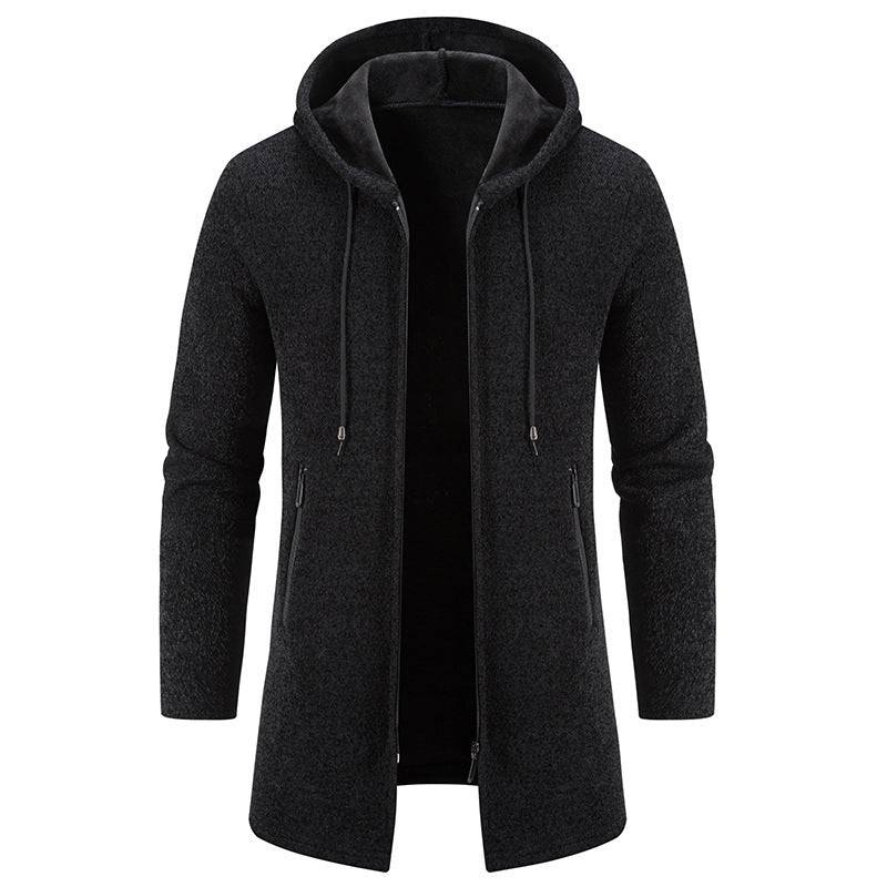 Autumn And Winter Fleece-lined Thickening Trendy Solid Color Men's Cardigan Mid-length Hooded Jacket