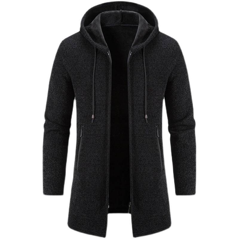 Autumn And Winter Fleece-lined Thickening Trendy Solid Color Men's Cardigan Mid-length Hooded Jacket