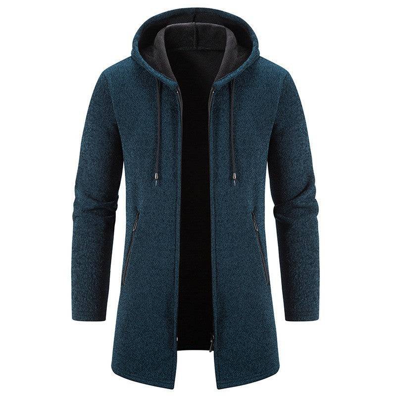 Autumn And Winter Fleece-lined Thickening Trendy Solid Color Men's Cardigan Mid-length Hooded Jacket