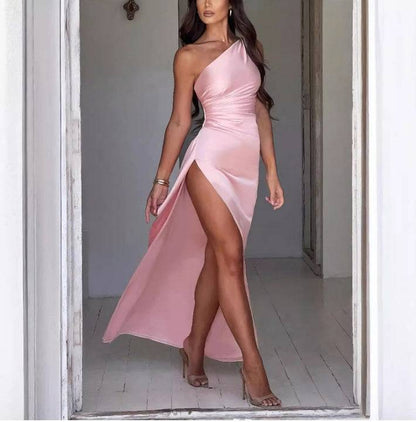 Sexy One-shoulder Backless Slit Dress Summer Elegant Slim-fit Solid Color Satin Dresses For Women - ALL-IN-ONE GENSTORE & SERVICES