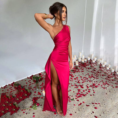 Sexy One-shoulder Backless Slit Dress Summer Elegant Slim-fit Solid Color Satin Dresses For Women - ALL-IN-ONE GENSTORE & SERVICES