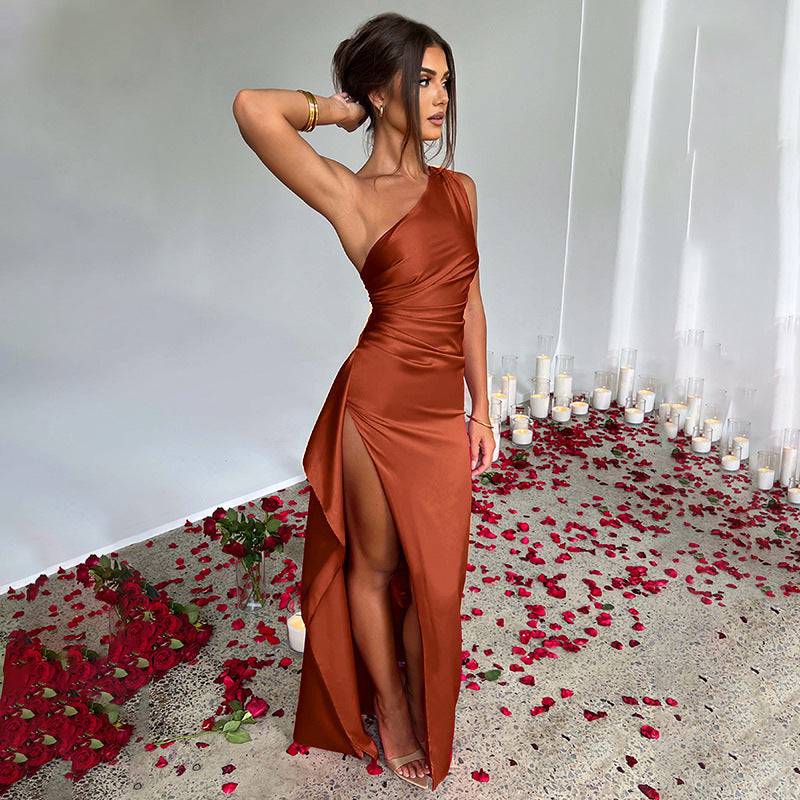 Sexy One-shoulder Backless Slit Dress Summer Elegant Slim-fit Solid Color Satin Dresses For Women - ALL-IN-ONE GENSTORE & SERVICES