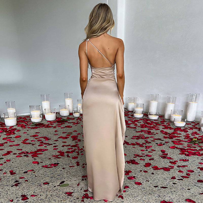 Sexy One-shoulder Backless Slit Dress Summer Elegant Slim-fit Solid Color Satin Dresses For Women - ALL-IN-ONE GENSTORE & SERVICES