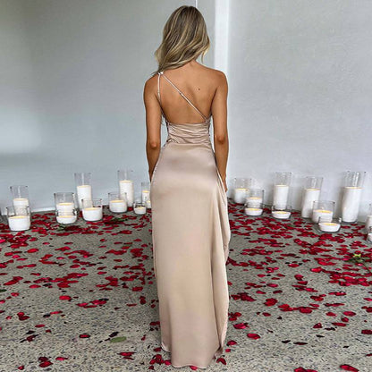 Sexy One-shoulder Backless Slit Dress Summer Elegant Slim-fit Solid Color Satin Dresses For Women - ALL-IN-ONE GENSTORE & SERVICES