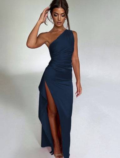 Sexy One-shoulder Backless Slit Dress Summer Elegant Slim-fit Solid Color Satin Dresses For Women - ALL-IN-ONE GENSTORE & SERVICES