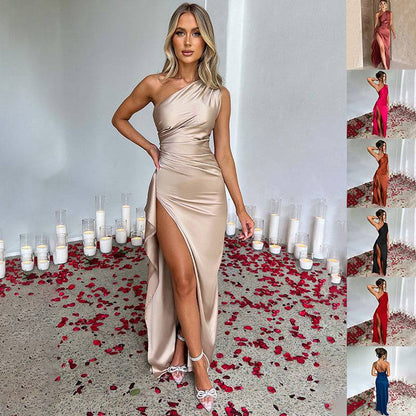 Sexy One-shoulder Backless Slit Dress Summer Elegant Slim-fit Solid Color Satin Dresses For Women - ALL-IN-ONE GENSTORE & SERVICES