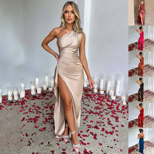 Sexy One-shoulder Backless Slit Dress Summer Elegant Slim-fit Solid Color Satin Dresses For Women - ALL-IN-ONE GENSTORE & SERVICES