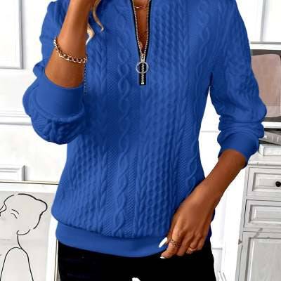 European And American Autumn And Winter New Women's Long Sleeve Solid Color And V-neck Zipper T-shirt - ALL-IN-ONE GENSTORE & SERVICES