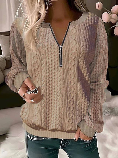 European And American Autumn And Winter New Women's Long Sleeve Solid Color And V-neck Zipper T-shirt - ALL-IN-ONE GENSTORE & SERVICES