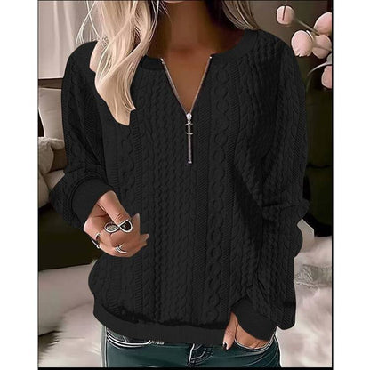 European And American Autumn And Winter New Women's Long Sleeve Solid Color And V-neck Zipper T-shirt - ALL-IN-ONE GENSTORE & SERVICES