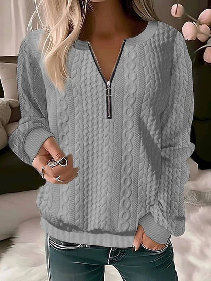 European And American Autumn And Winter New Women's Long Sleeve Solid Color And V-neck Zipper T-shirt - ALL-IN-ONE GENSTORE & SERVICES