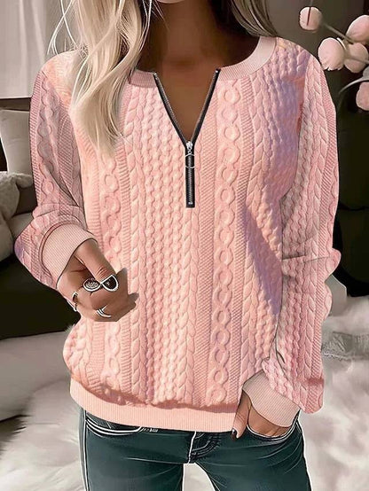 European And American Autumn And Winter New Women's Long Sleeve Solid Color And V-neck Zipper T-shirt - ALL-IN-ONE GENSTORE & SERVICES