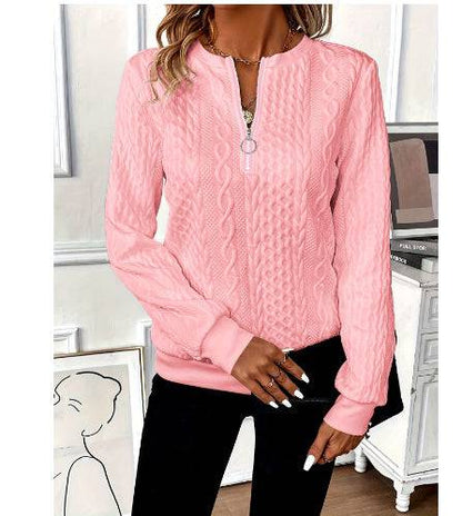 European And American Autumn And Winter New Women's Long Sleeve Solid Color And V-neck Zipper T-shirt - ALL-IN-ONE GENSTORE & SERVICES