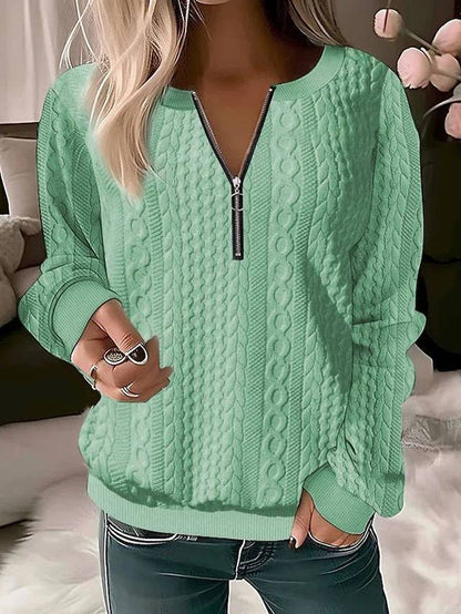 European And American Autumn And Winter New Women's Long Sleeve Solid Color And V-neck Zipper T-shirt - ALL-IN-ONE GENSTORE & SERVICES