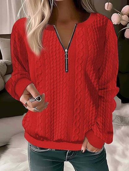 European And American Autumn And Winter New Women's Long Sleeve Solid Color And V-neck Zipper T-shirt - ALL-IN-ONE GENSTORE & SERVICES