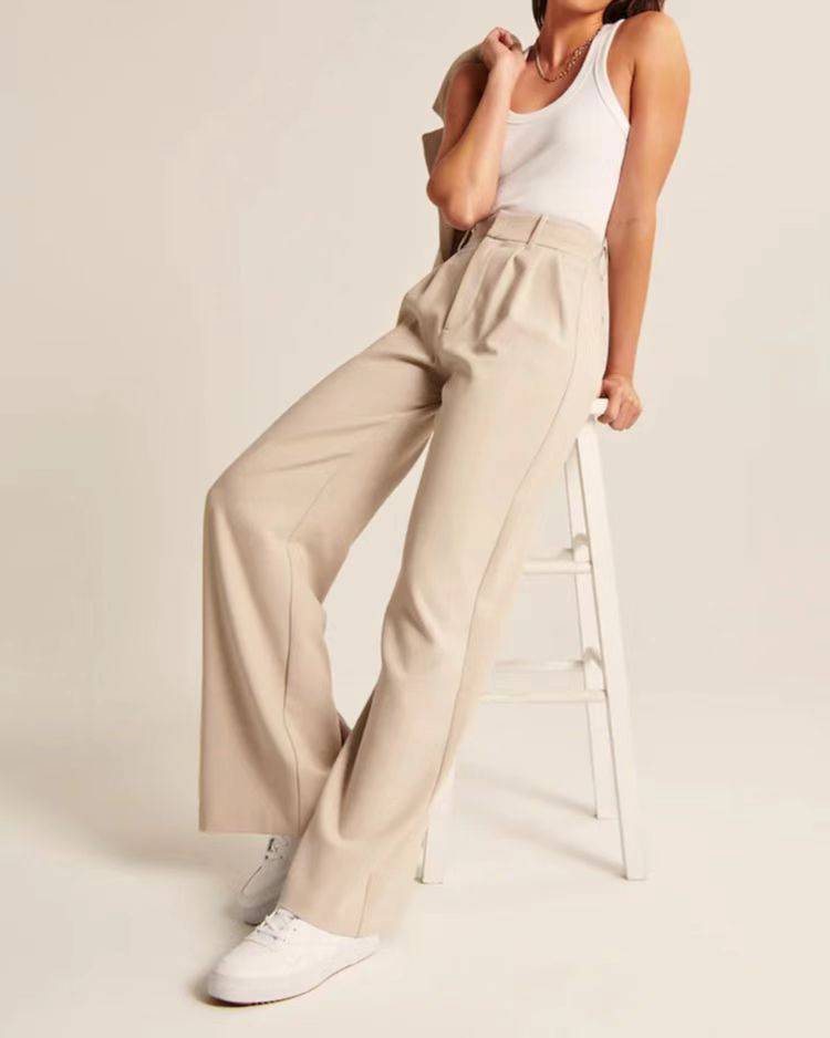 Pantalon droit taille haute avec poches Pantalon décontracté à jambe large pour femme