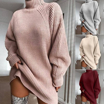 Long Sweater Dress with Solid Turtleneck for Women - ALL-IN-ONE GENSTORE & SERVICES