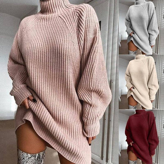 Long Sweater Dress with Solid Turtleneck for Women