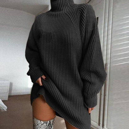 Long Sweater Dress with Solid Turtleneck for Women - ALL-IN-ONE GENSTORE & SERVICES