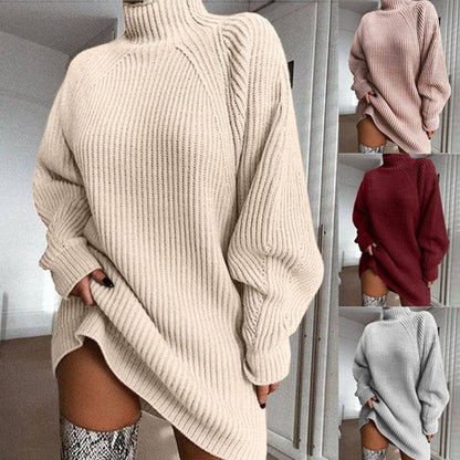 Long Sweater Dress with Solid Turtleneck for Women - ALL-IN-ONE GENSTORE & SERVICES