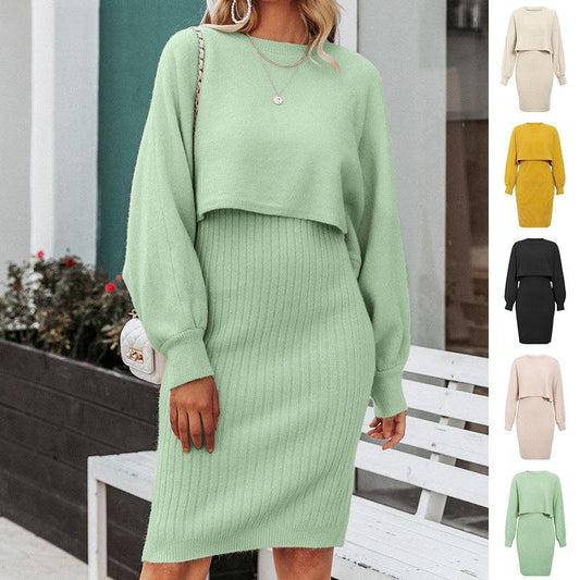 2pcs Knitted Dress Suit Fashion Solid Color Pullover Lantern-sleeved Sweater Fall Winter Women's Clothing - ALL-IN-ONE GENSTORE & SERVICES