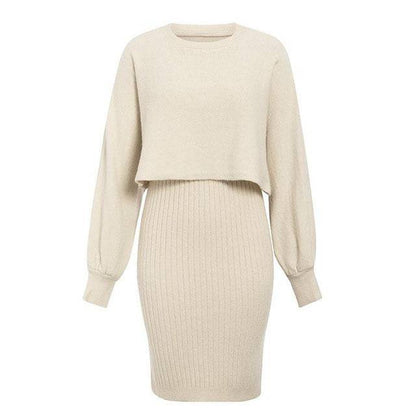2pcs Knitted Dress Suit Fashion Solid Color Pullover Lantern-sleeved Sweater Fall Winter Women's Clothing - ALL-IN-ONE GENSTORE & SERVICES