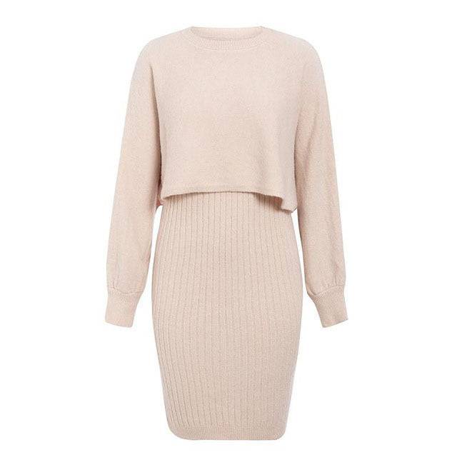 2pcs Knitted Dress Suit Fashion Solid Color Pullover Lantern-sleeved Sweater Fall Winter Women's Clothing - ALL-IN-ONE GENSTORE & SERVICES