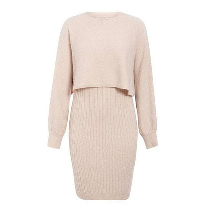 2pcs Knitted Dress Suit Fashion Solid Color Pullover Lantern-sleeved Sweater Fall Winter Women's Clothing - ALL-IN-ONE GENSTORE & SERVICES