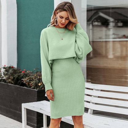 2pcs Knitted Dress Suit Fashion Solid Color Pullover Lantern-sleeved Sweater Fall Winter Women's Clothing - ALL-IN-ONE GENSTORE & SERVICES