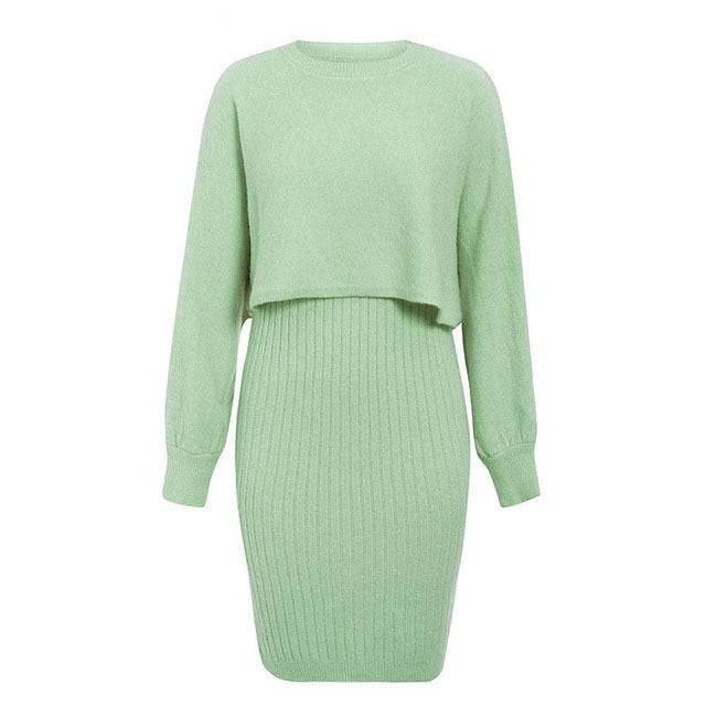 2pcs Knitted Dress Suit Fashion Solid Color Pullover Lantern-sleeved Sweater Fall Winter Women's Clothing - ALL-IN-ONE GENSTORE & SERVICES