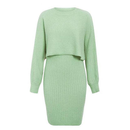 2pcs Knitted Dress Suit Fashion Solid Color Pullover Lantern-sleeved Sweater Fall Winter Women's Clothing - ALL-IN-ONE GENSTORE & SERVICES