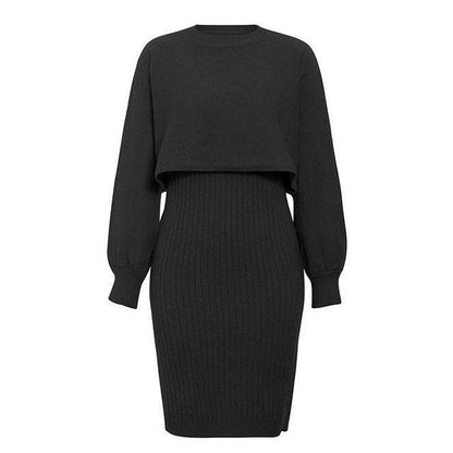 2pcs Knitted Dress Suit Fashion Solid Color Pullover Lantern-sleeved Sweater Fall Winter Women's Clothing - ALL-IN-ONE GENSTORE & SERVICES