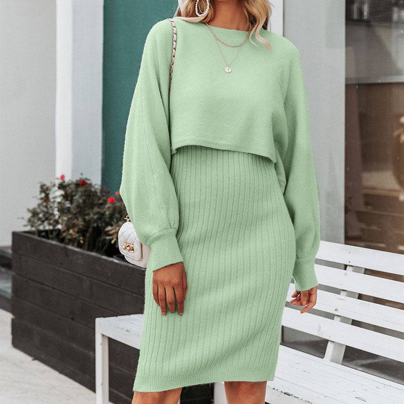 2pcs Knitted Dress Suit Fashion Solid Color Pullover Lantern-sleeved Sweater Fall Winter Women's Clothing - ALL-IN-ONE GENSTORE & SERVICES