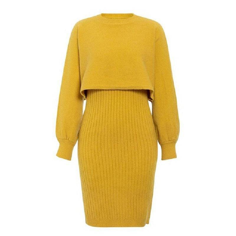 2pcs Knitted Dress Suit Fashion Solid Color Pullover Lantern-sleeved Sweater Fall Winter Women's Clothing - ALL-IN-ONE GENSTORE & SERVICES