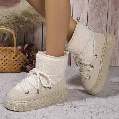 Fashion Lace-up Snow Boots Winter Flat Thick-soled Height-enhancing Cotton Shoes For Women Casual Warm Short Boot - ALL-IN-ONE GENSTORE & SERVICES