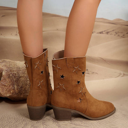 Fashion Mid-calf Boots With Hollow-stars Design Retro Pointed-toe Square Heel Western Boots For Women Fall And Winter Shoes - ALL-IN-ONE GENSTORE & SERVICES