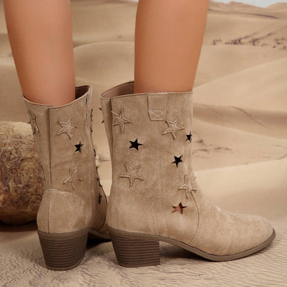 Fashion Mid-calf Boots With Hollow-stars Design Retro Pointed-toe Square Heel Western Boots For Women Fall And Winter Shoes - ALL-IN-ONE GENSTORE & SERVICES
