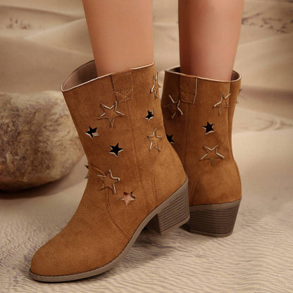 Fashion Mid-calf Boots With Hollow-stars Design Retro Pointed-toe Square Heel Western Boots For Women Fall And Winter Shoes - ALL-IN-ONE GENSTORE & SERVICES