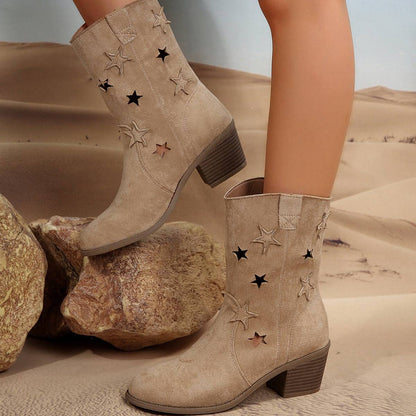 Fashion Mid-calf Boots With Hollow-stars Design Retro Pointed-toe Square Heel Western Boots For Women Fall And Winter Shoes - ALL-IN-ONE GENSTORE & SERVICES