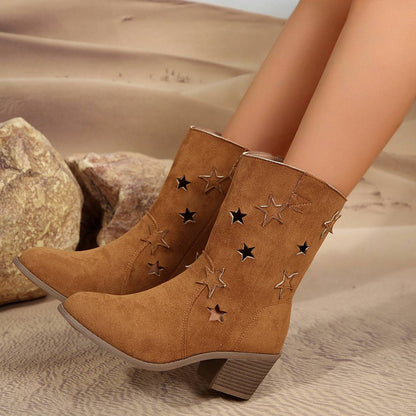 Fashion Mid-calf Boots With Hollow-stars Design Retro Pointed-toe Square Heel Western Boots For Women Fall And Winter Shoes - ALL-IN-ONE GENSTORE & SERVICES