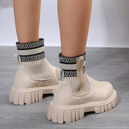 Fashion Mid-tube Boots With Zipper Design Non-slip Thick Sole Elastic Knitted Patchwork Boots For Women Round Toe Shoes Winter - ALL-IN-ONE GENSTORE & SERVICES