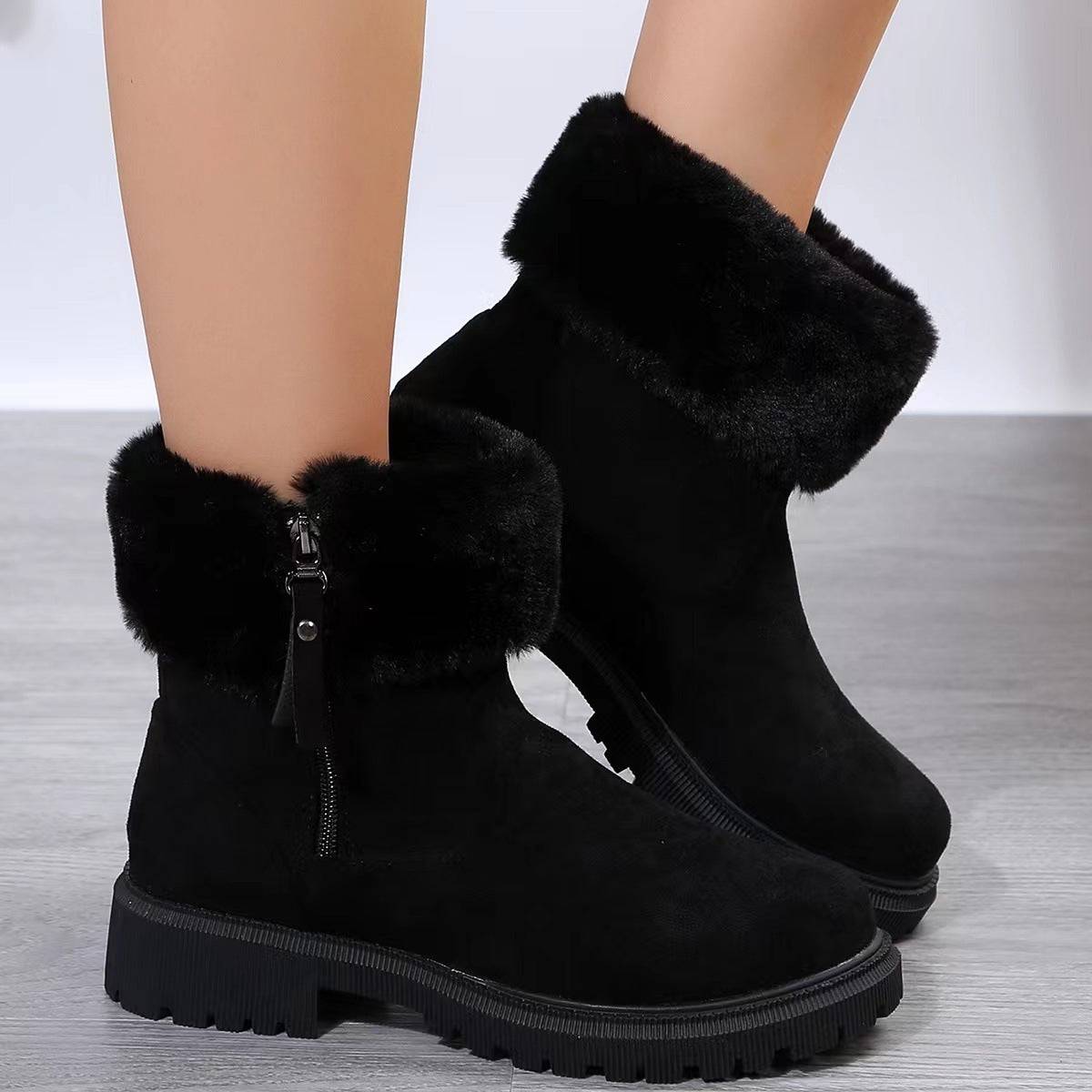 Bottes chaudes en peluche pour femme, chaussures d'hiver à fermeture éclair latérale, chaussures d'extérieur épaisses à talons bas