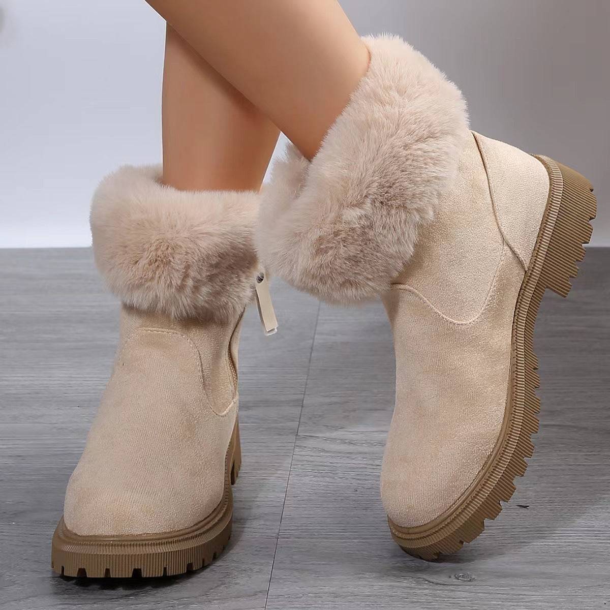 Bottes chaudes en peluche pour femme, chaussures d'hiver à fermeture éclair latérale, chaussures d'extérieur épaisses à talons bas